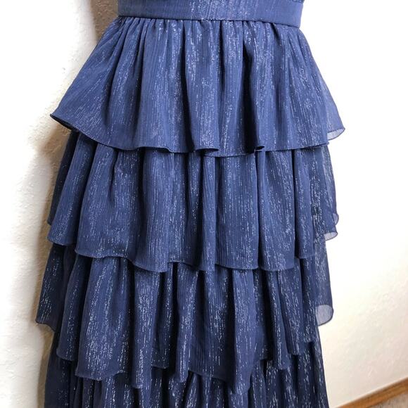 IEENA for Mac Duggal navy metallic tiered ruffle sleeveless midi formal dress 4 - Picture 4 of 16